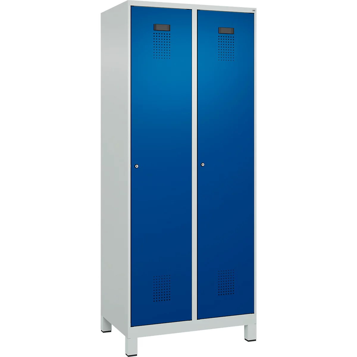 C+P Evolo Plus garderobekast, 2 vakken, 400 mm vakbreedte, met poten, rechts scharnierend, soft-close, inbraakwerend, B 800 x D 500 x H 1950 mm, cilinderslot, lichtgrijs RAL 7035/ gentiaanblauw RAL 5010