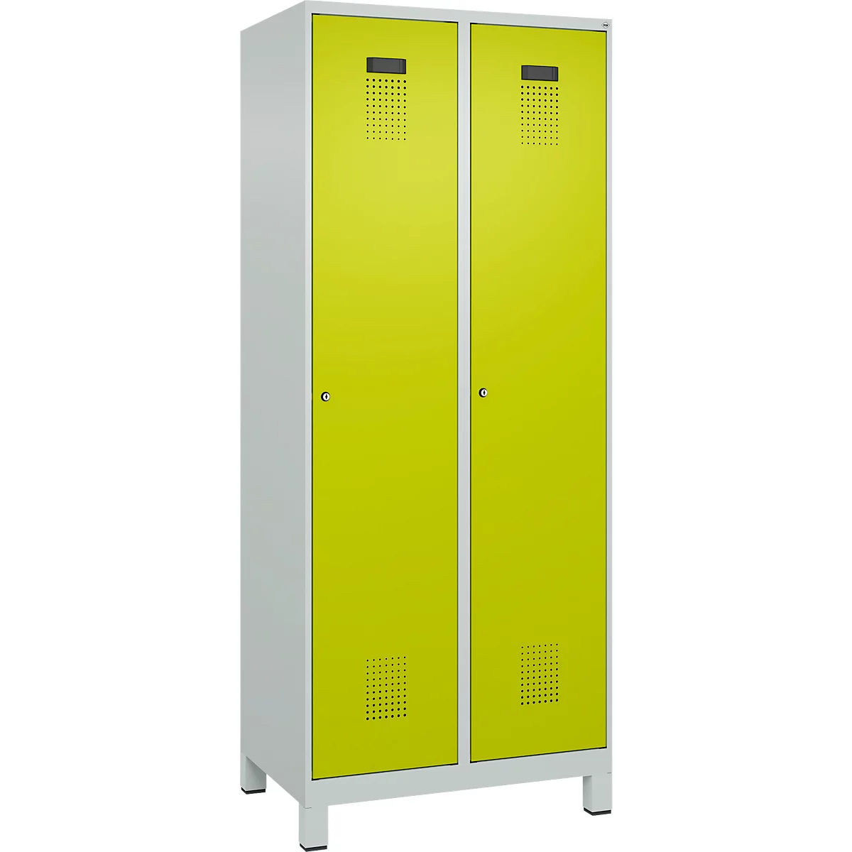 C+P Evolo Plus garderobekast, 2 vakken, 400 mm vakbreedte, met poten, rechts scharnierend, soft-close, inbraakwerend, B 800 x D 500 x H 1950 mm, cilinderslot, lichtgrijs RAL 7035/kleedgroen RAL 1108060