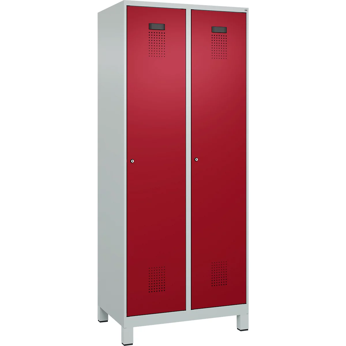 C+P Evolo Plus garderobekast, 2 vakken, 400 mm vakbreedte, met poten, rechts scharnierend, soft-close, inbraakwerend, B 800 x D 500 x H 1950 mm, cilinderslot, lichtgrijs RAL 7035/ruwe rood RAL 3003