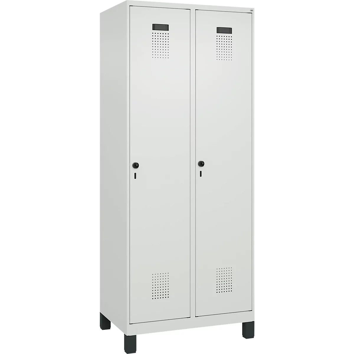 C+P Evolo Plus garderobekast, 2 vakken, 400 mm vakbreedte, met poten, rechts scharnierend, soft-close, inbraakwerend, B 800 x D 500 x H 1950 mm, veiligheidsslot met draaigrendel, lichtgrijs RAL 7035/lichtgrijs RAL 7035