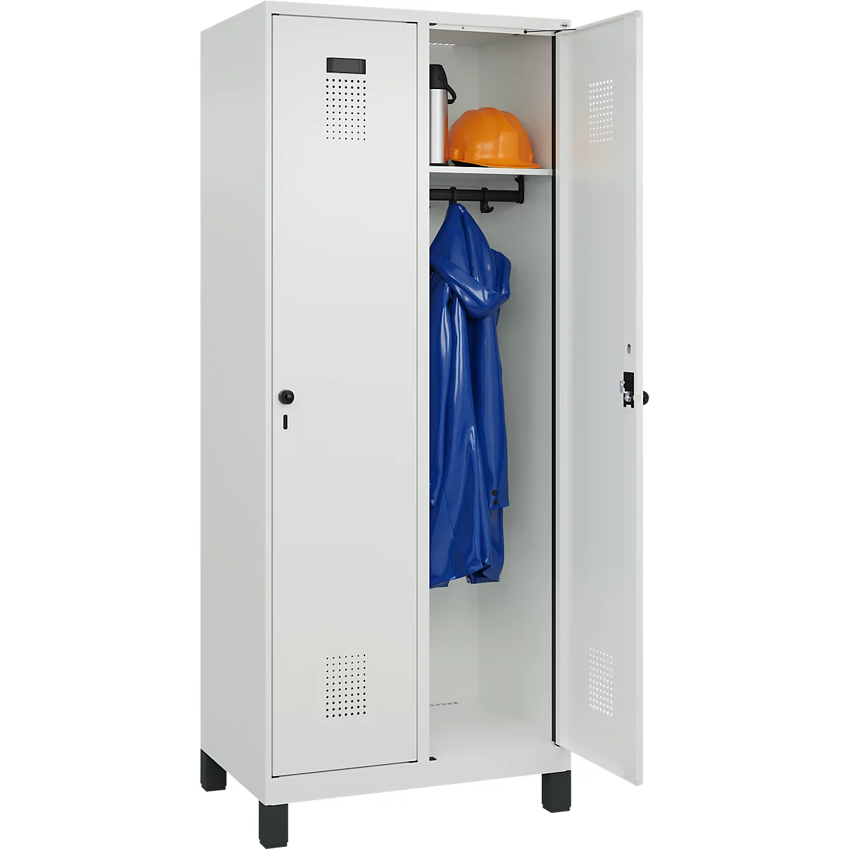 C+P Evolo Plus garderobekast, 2 vakken, 400 mm vakbreedte, met poten, rechts scharnierend, soft-close, inbraakwerend, B 800 x D 500 x H 1950 mm, veiligheidsslot met draaigrendel, lichtgrijs RAL 7035/lichtgrijs RAL 7035