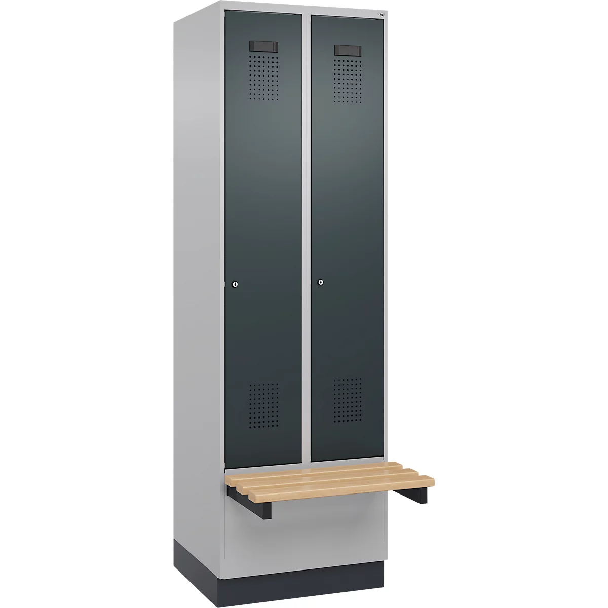 C+P Evolo Plus garderobekast, 2 vakken van elk 300 mm breed, sokkel, zwevende bank, B 600 x D 815 x H 1950 mm, cilinder, blank aluminium/antracietgrijs