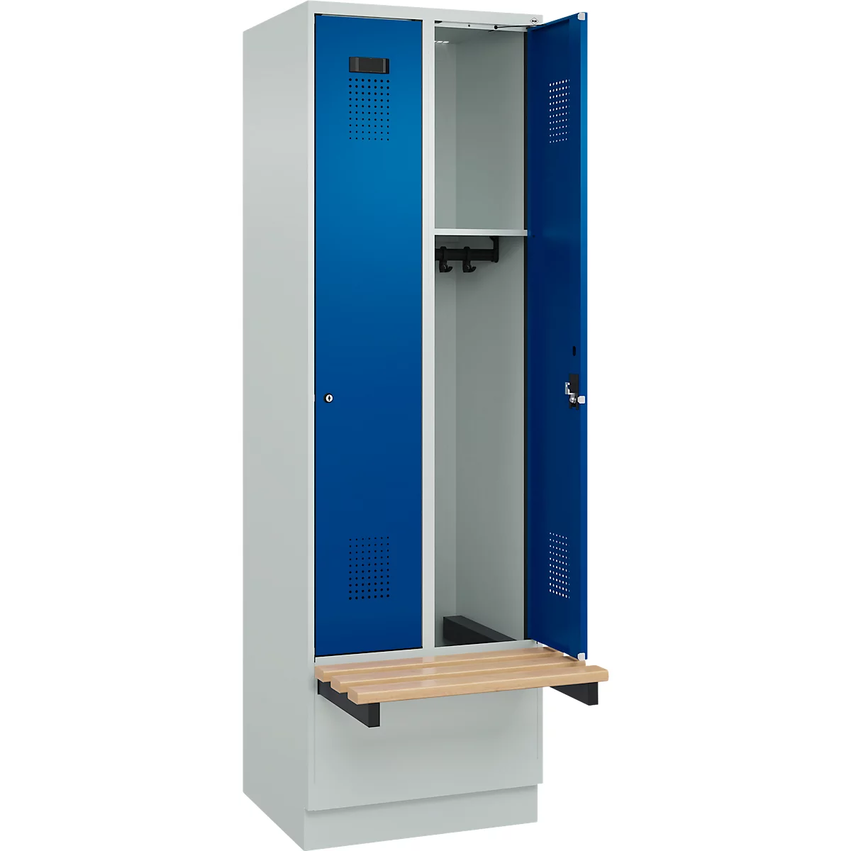 C+P Evolo Plus garderobekast, 2 vakken van elk 300 mm breed, sokkel, zwevende bank, B 600 x D 815 x H 1950 mm, cilinder, lichtgrijs/gentiaanblauw