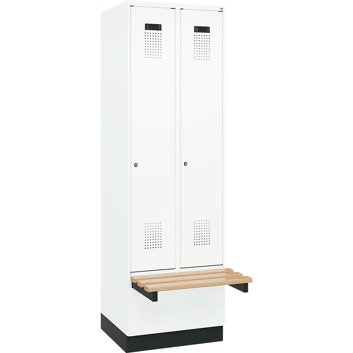 C+P Evolo Plus garderobekast, 2 vakken van elk 300 mm breed, sokkel, zwevende bank, B 600 x D 815 x H 1950 mm, cilinder, verkeerswit/verkeerswit