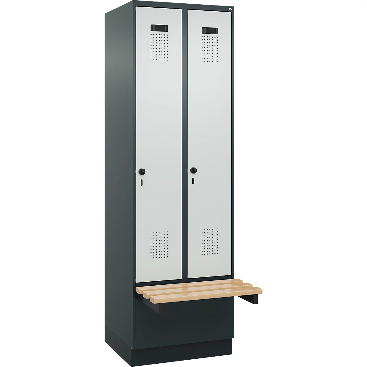 C+P Evolo Plus garderobekast, 2 vakken van elk 300 mm breed, sokkel, zwevende bank, B 600 x D 815 x H 1950 mm, draaibare grendel, antracietgrijs/lichtgrijs