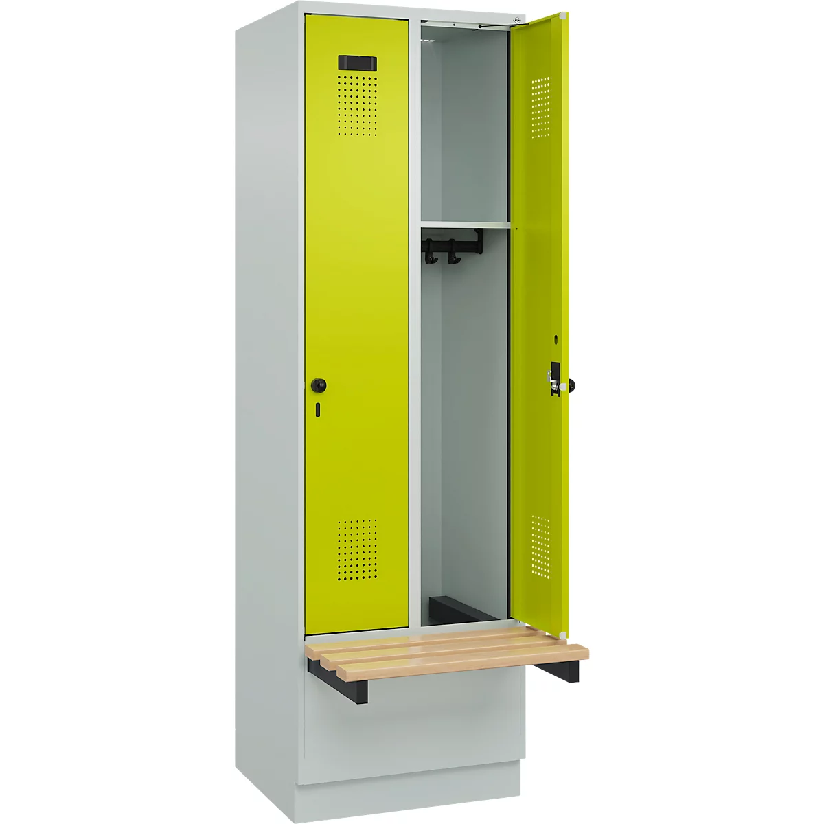 C+P Evolo Plus garderobekast, 2 vakken van elk 300 mm breed, sokkel, zwevende bank, B 600 x D 815 x H 1950 mm, draaischroef, lichtgrijs/kleedgroen