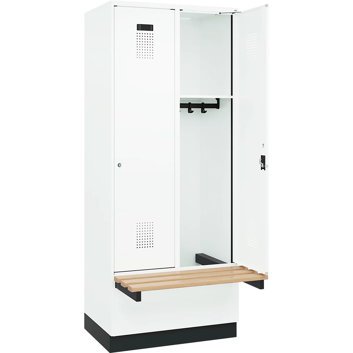 C+P Evolo Plus garderobekast, 2 vakken van elk 400 mm breed, plint, zwevende bank, B 800 x D 815 x H 1950 mm, cilinder, verkeerswit/verkeerswit
