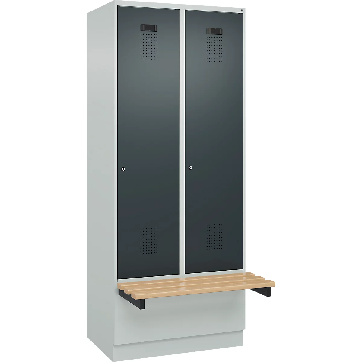 C+P Evolo Plus garderobekast, 2 vakken van elk 400 mm breed, sokkel, zwevende bank, B 800 x D 815 x H 1950 mm, cilinder, lichtgrijs/antracietgrijs