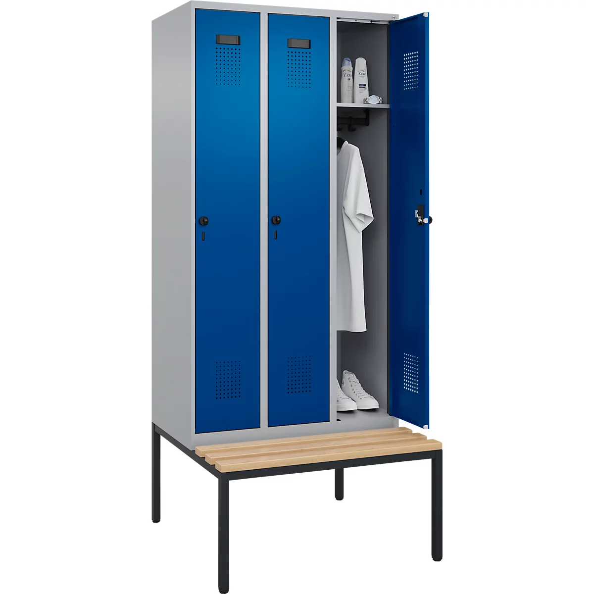 C+P Evolo Plus garderobekast, 3 vakken, 300 mm vakbreedte, met bank eronder, B 900 x D 815 x H 2120 mm, draaischroef, blank aluminium/ gentiaanblauw