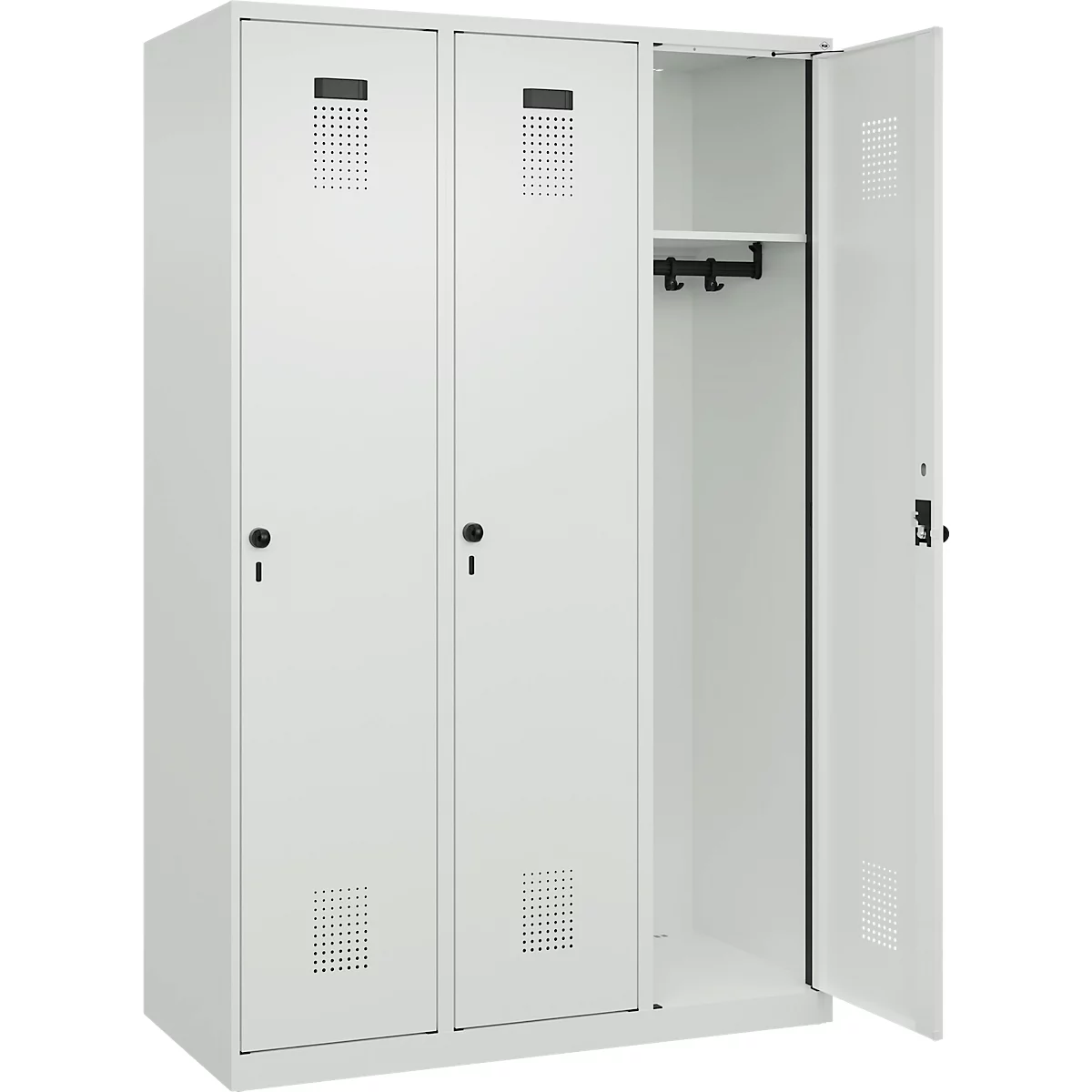 C+P Evolo Plus garderobekast, 3 vakken, 400 mm breed, draaigrendel, soft-close, B 1.200 x D 500 x H 1.850 m, lichtgrijs/lichtgrijs
