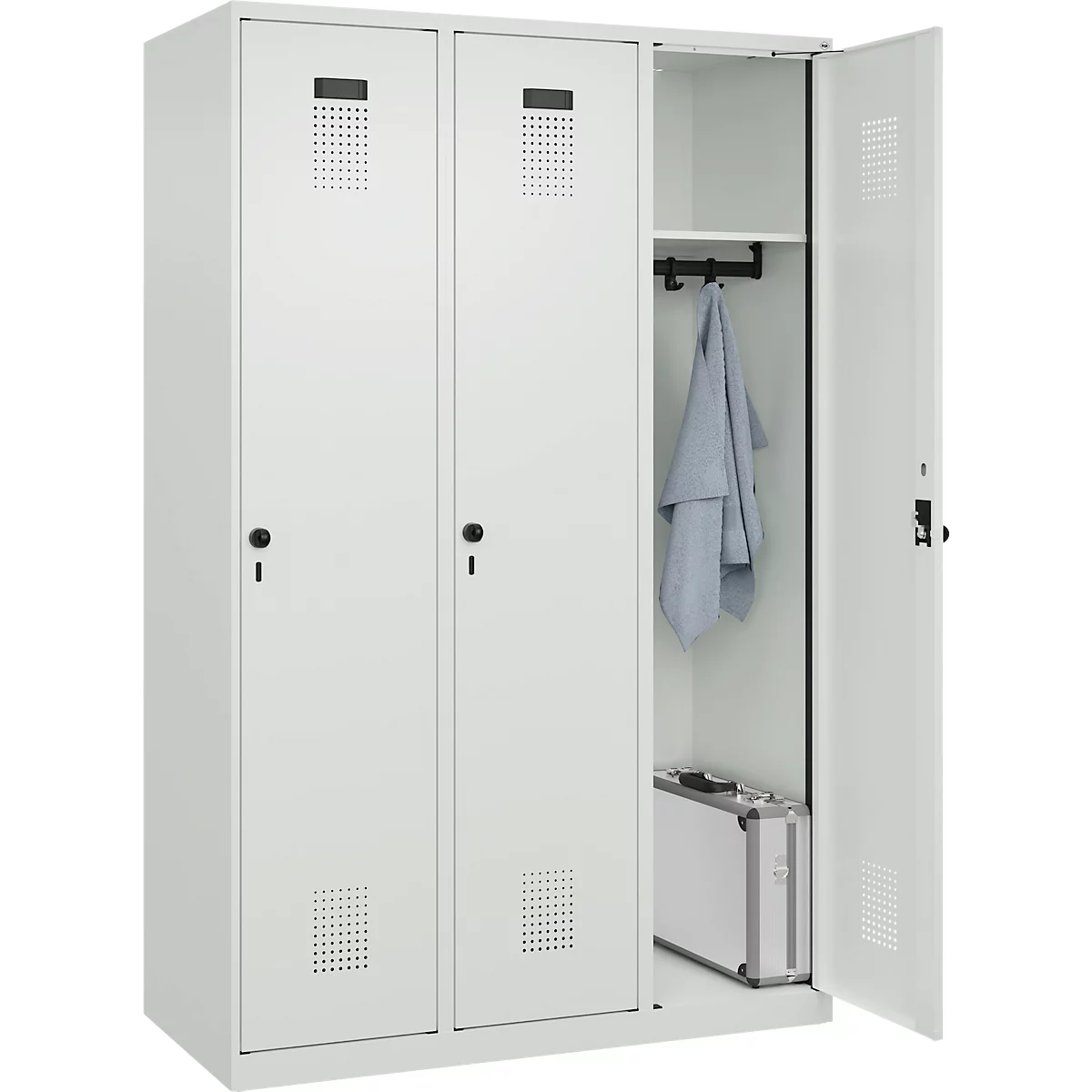 C+P Evolo Plus garderobekast, 3 vakken, 400 mm breed, draaigrendel, soft-close, B 1.200 x D 500 x H 1.850 m, lichtgrijs/lichtgrijs