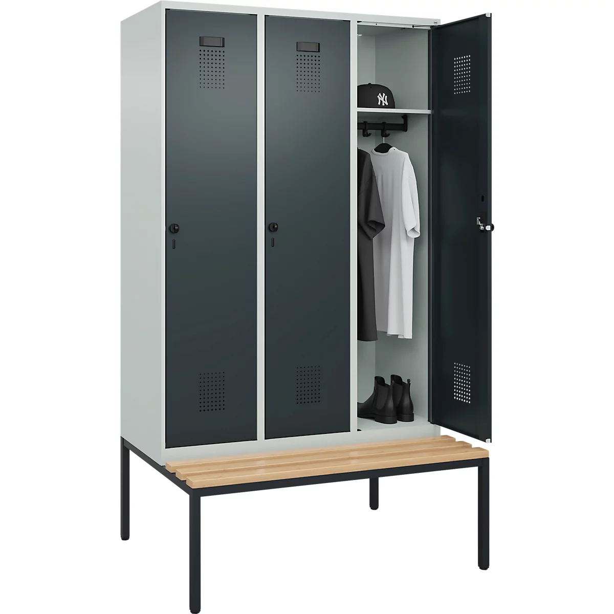 C+P Evolo Plus garderobekast, 3 vakken, 400 mm vakbreedte, met bank eronder, B 1200 x D 815 x H 2120 mm, draaischroef, lichtgrijs/antracietgrijs