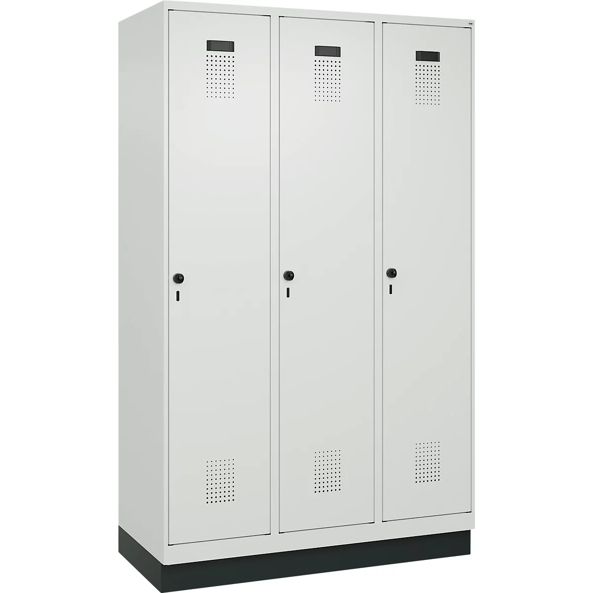 C+P Evolo Plus garderobekast, 3 vakken, 400 mm vakbreedte, met plint, rechts scharnierend, B 1200 x D 500 x H 1950 mm, draaischroef, lichtgrijs/lichtgrijs