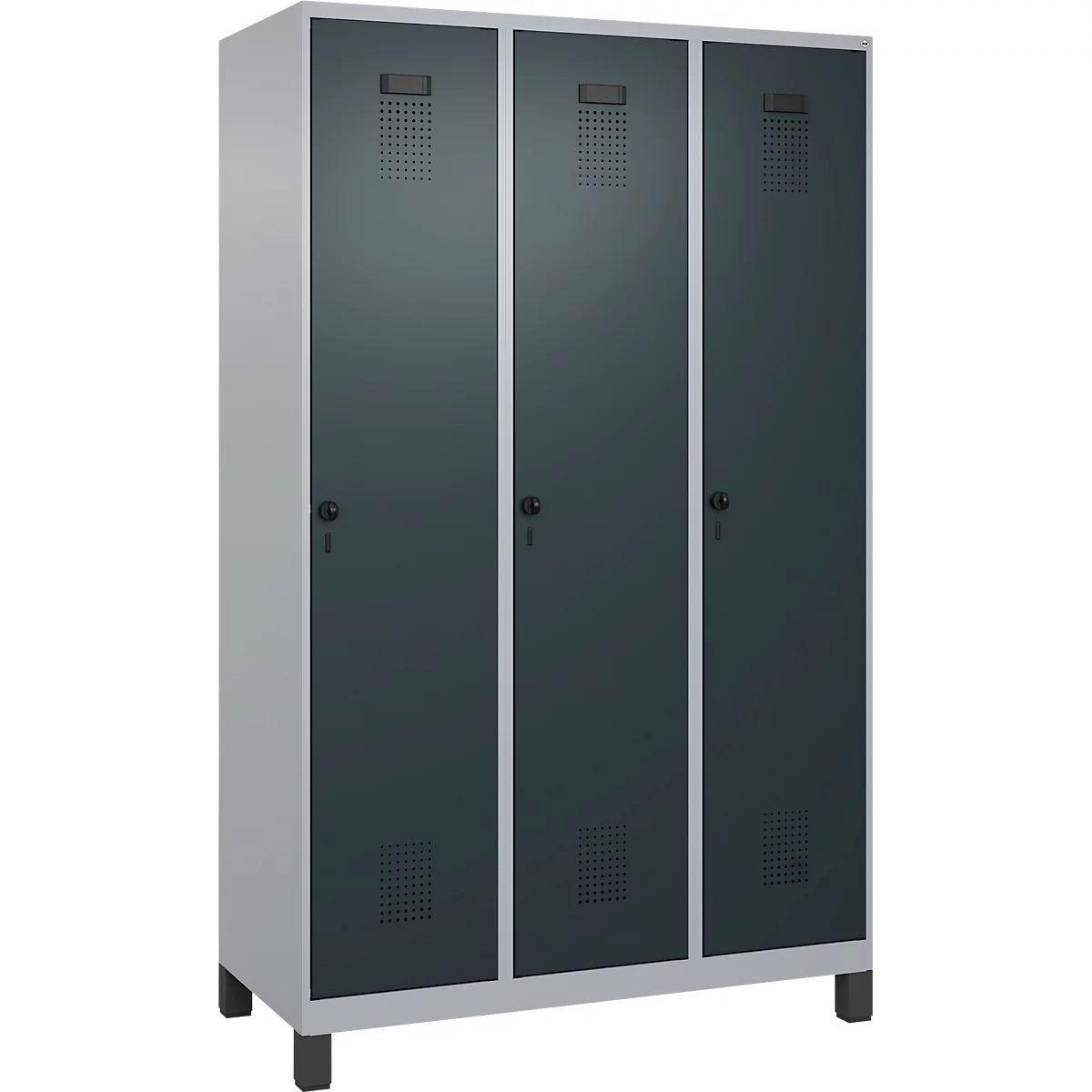 C+P Evolo Plus garderobekast, 3 vakken, 400 mm vakbreedte, met voetjes, rechts scharnierend, soft-close, inbraakwerend, B 1200 x D 500 x H 1950 mm, veiligheidsslot espagnolet, blank aluminium RAL 9006/antracietgrijs RAL 7016