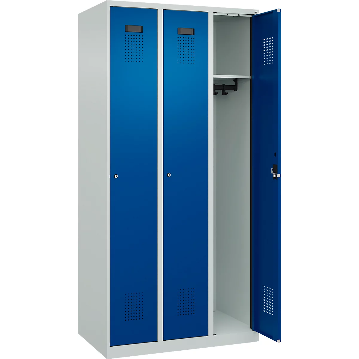 C+P Evolo Plus garderobekast, 3 vakken, rechts scharnierend, cilinderslot, B 900 x D 500 x H 1850 mm, lichtgrijs/enziaans blauw