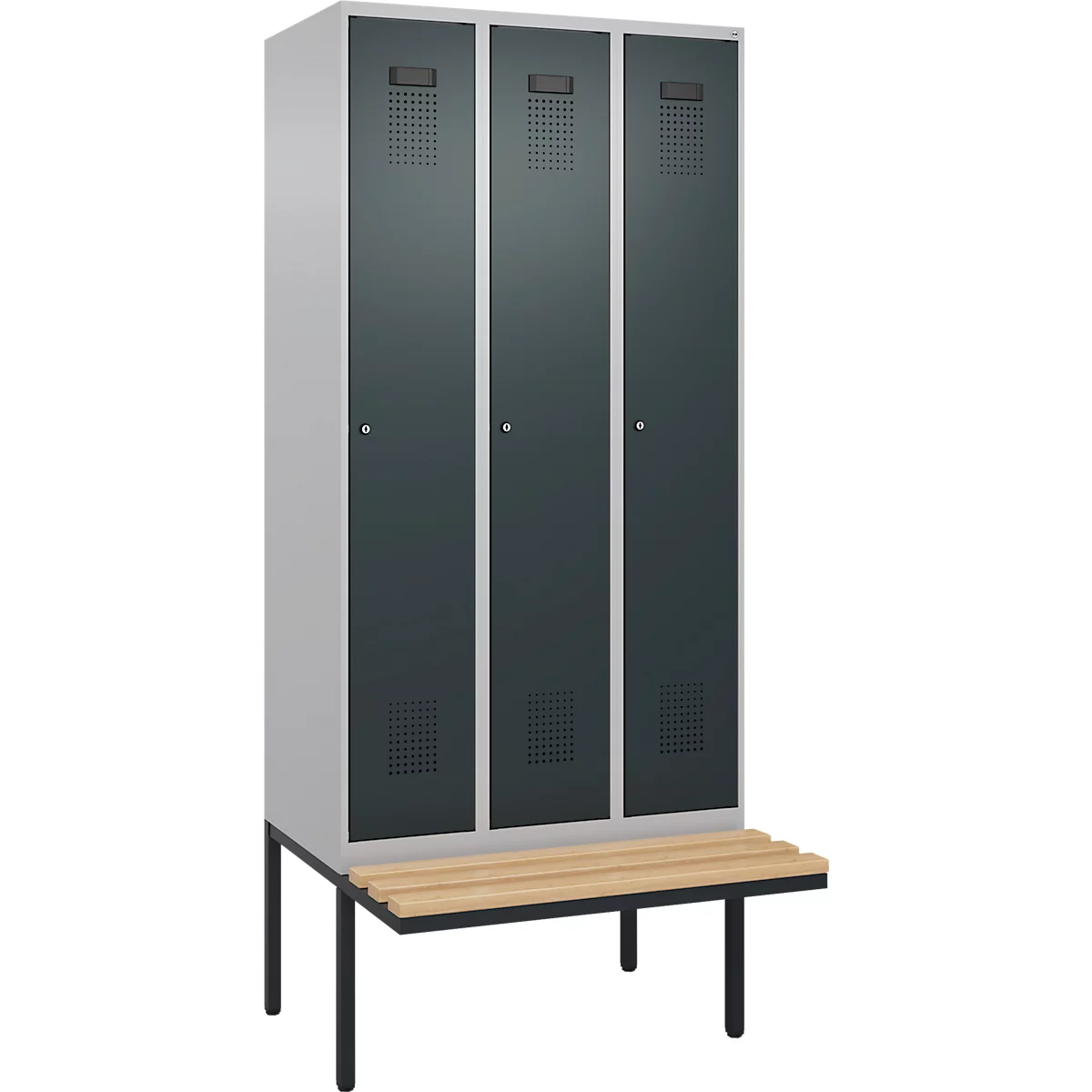 C+P Evolo Plus garderobekast, 3 vakken van elk 300 mm breed, zwevende bank, B 900 x D 815 x H 2120 mm, cilinder, blank aluminium/antraciet