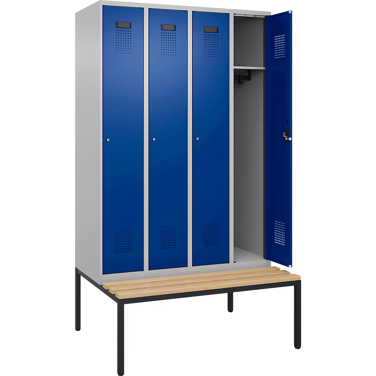 C+P Evolo Plus garderobekast, 4 vakken, 300 mm vakbreedte, met bank eronder, B 1200 x D 815 x H 2120 mm, cilinder, blank aluminium/ gentiaanblauw