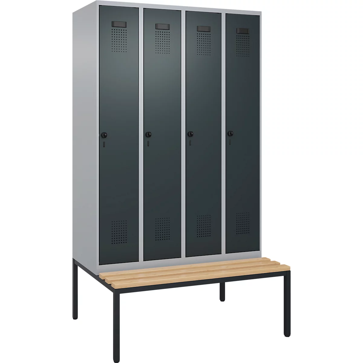 C+P Evolo Plus garderobekast, 4 vakken, 300 mm vakbreedte, met bank eronder, B 1200 x D 815 x H 2120 mm, draaischroef, blank aluminium/antracietgrijs
