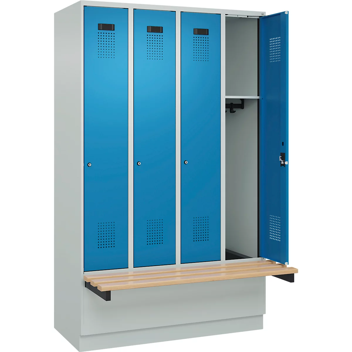 C+P Evolo Plus garderobekast, 4 vakken van elk 300 mm breed, sokkel, zwevende bank, B 1200 x D 815 x H 1950 mm, cilinder, lichtgrijs/lichtblauw