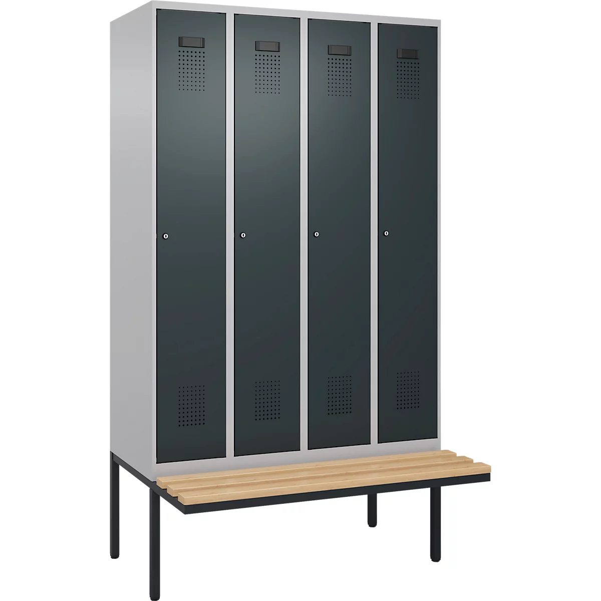 C+P Evolo Plus garderobekast, 4 vakken van elk 300 mm breed, zwevende bank, B 1200 x D 815 x H 2120 mm, cilinder, blank aluminium/antracietgrijs