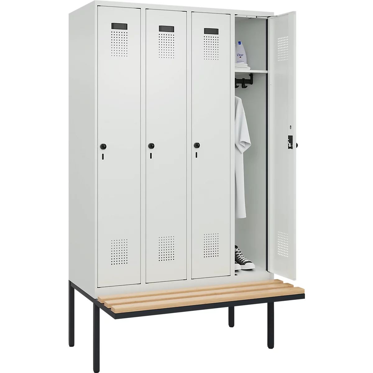C+P Evolo Plus garderobekast, 4 vakken van elk 300 mm breed, zwevende bank, B 1200 x D 815 x H 2120 mm, draaibare grendel, lichtgrijs/lichtgrijs