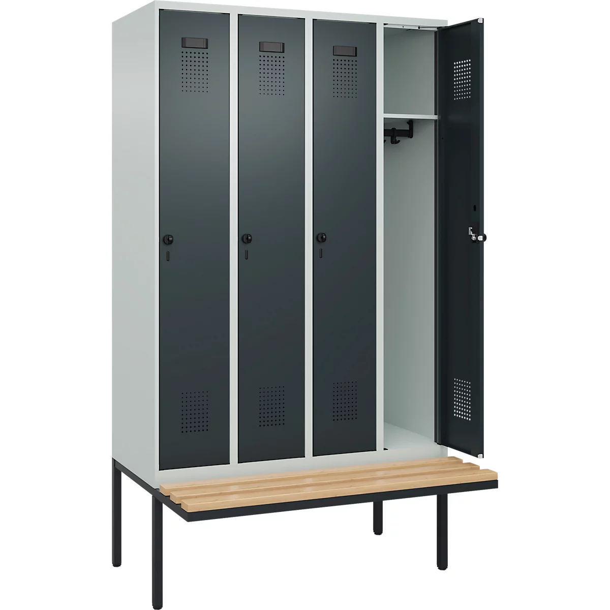 C+P Evolo Plus garderobekast, 4 vakken van elk 300 mm breed, zwevende bank, B 1200 x D 815 x H 2120 mm, draaischroef, lichtgrijs/antraciet