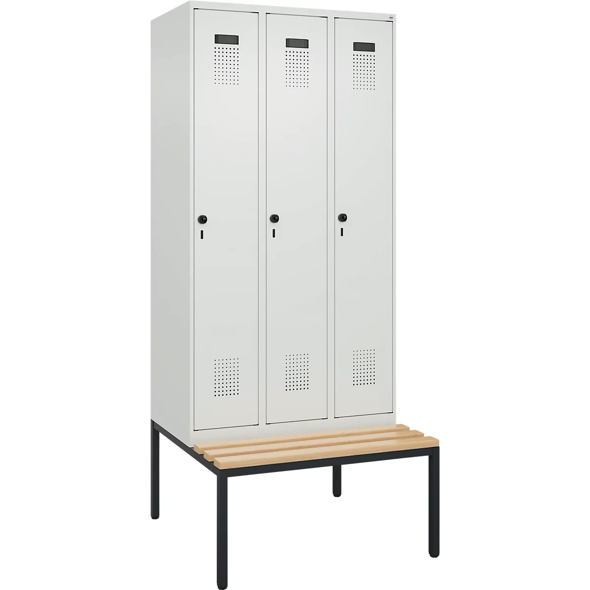C+P Evolo Plus kledingkast, 3 vakken, 300 mm vakbreedte, met bank eronder, B 900 x D 815 x H 2120 mm, draaischroef, lichtgrijs/lichtgrijs