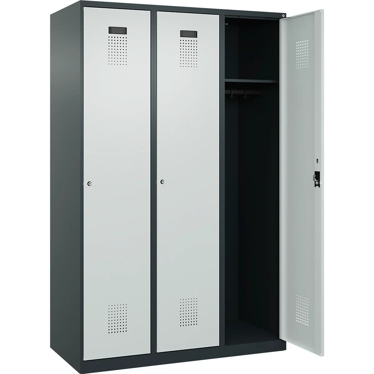 C+P Evolo Plus kledingkast, 3 vakken, 400 mm breed, cilinderslot, soft-close, B 1.200 x D 500 x H 1.850 m, antracietgrijs/lichtgrijs