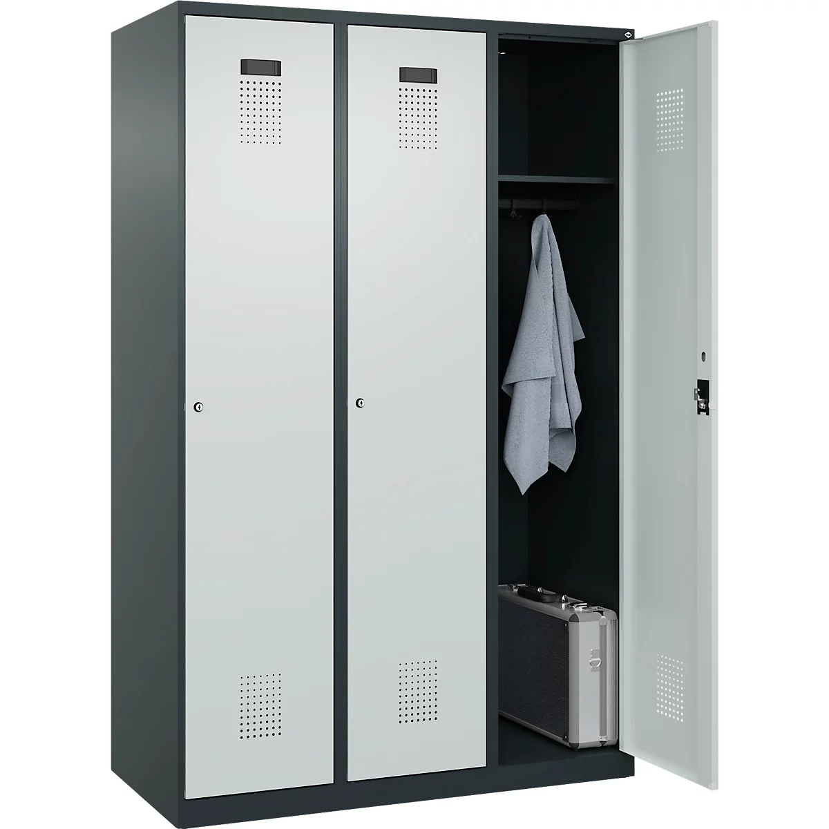 C+P Evolo Plus kledingkast, 3 vakken, 400 mm breed, cilinderslot, soft-close, B 1.200 x D 500 x H 1.850 m, antracietgrijs/lichtgrijs