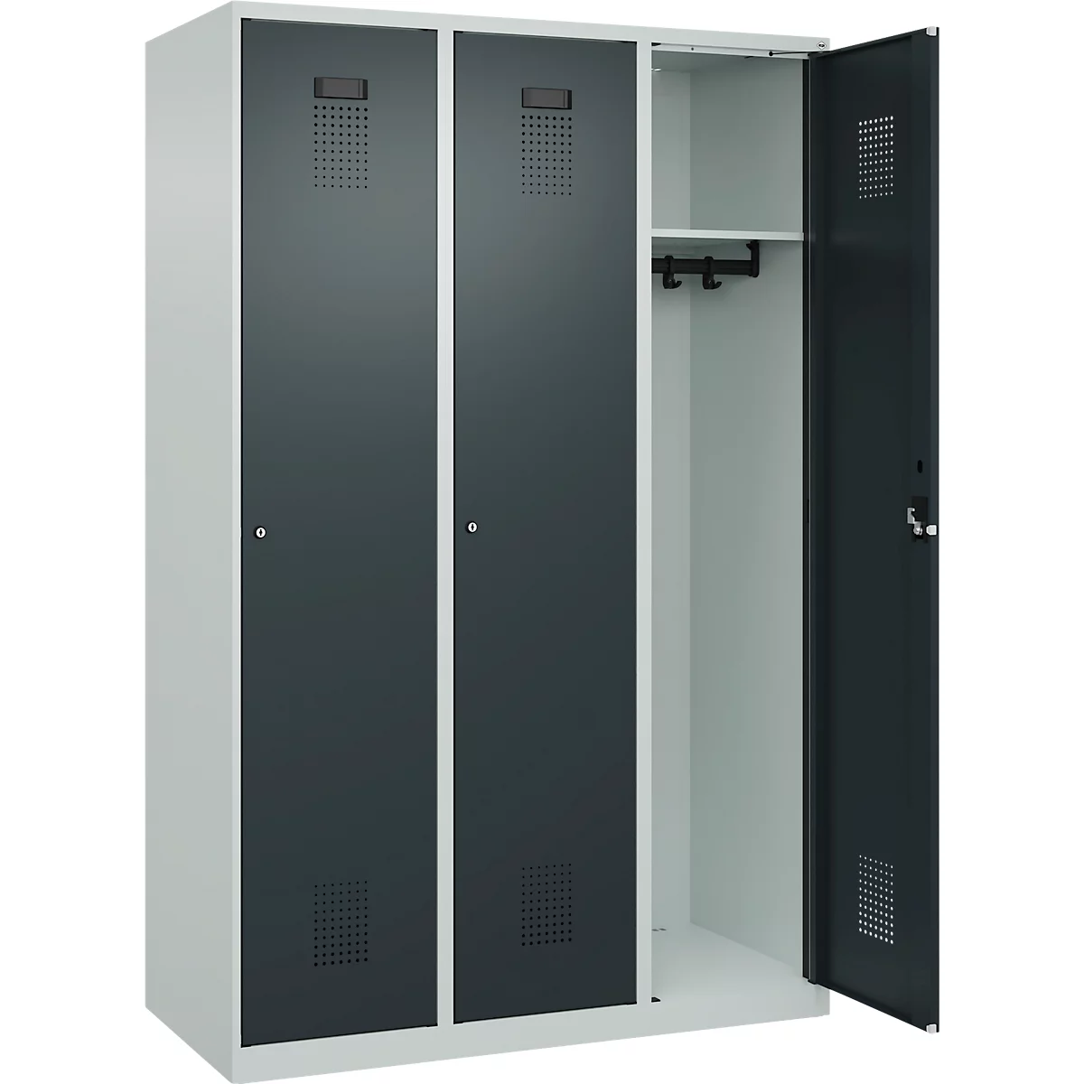 C+P Evolo Plus kledingkast, 3 vakken, 400 mm breed, cilinderslot, soft-close, B 1.200 x D 500 x H 1.850 m, lichtgrijs/antracietgrijs