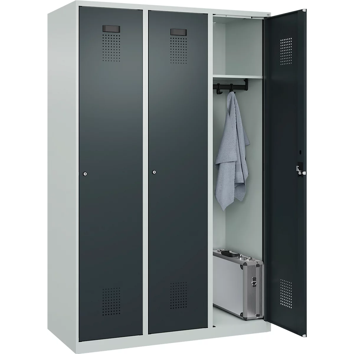 C+P Evolo Plus kledingkast, 3 vakken, 400 mm breed, cilinderslot, soft-close, B 1.200 x D 500 x H 1.850 m, lichtgrijs/antracietgrijs
