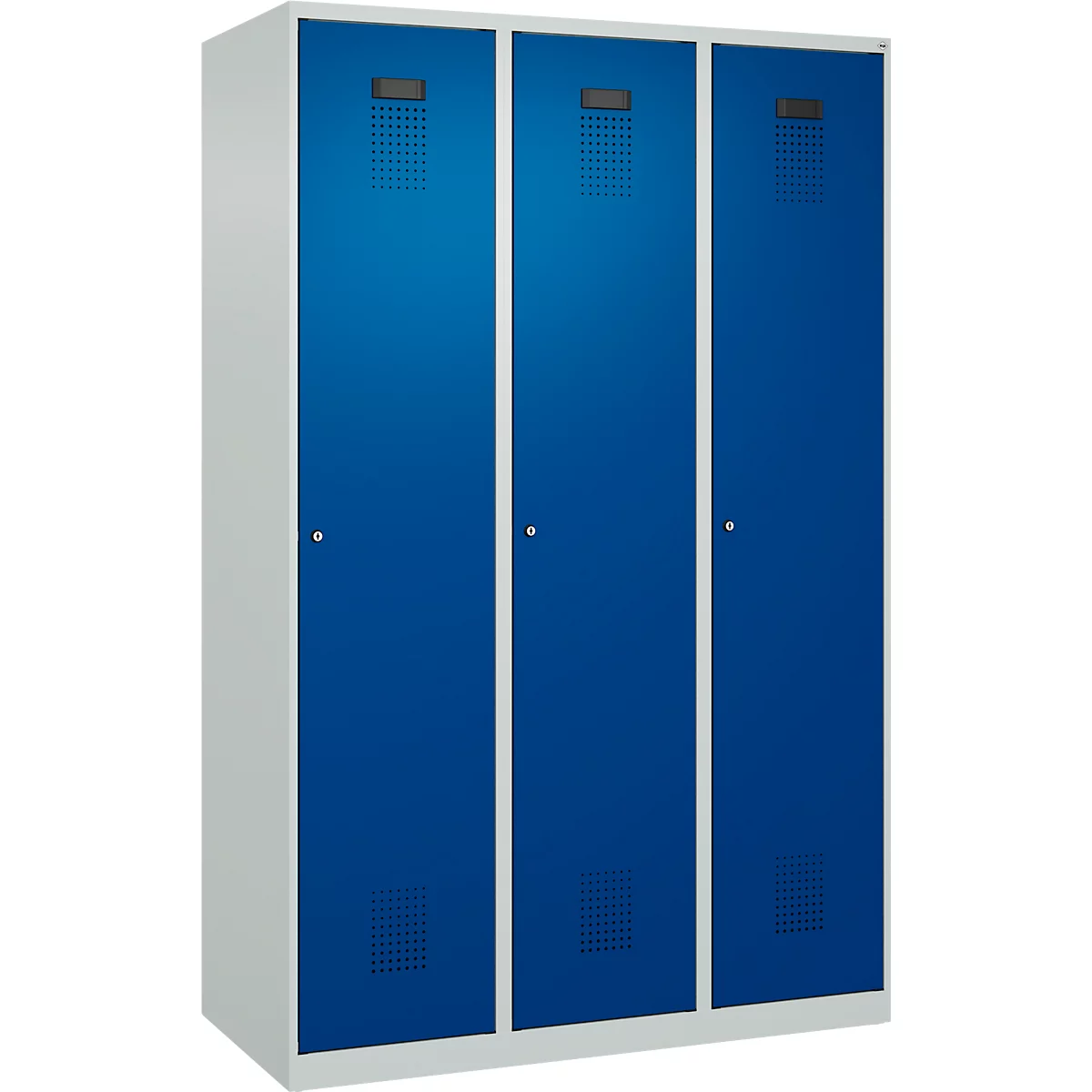 C+P Evolo Plus kledingkast, 3 vakken, 400 mm breed, cilinderslot, soft-close, B 1.200 x D 500 x H 1.850 m, lichtgrijs/gentiaanblauw