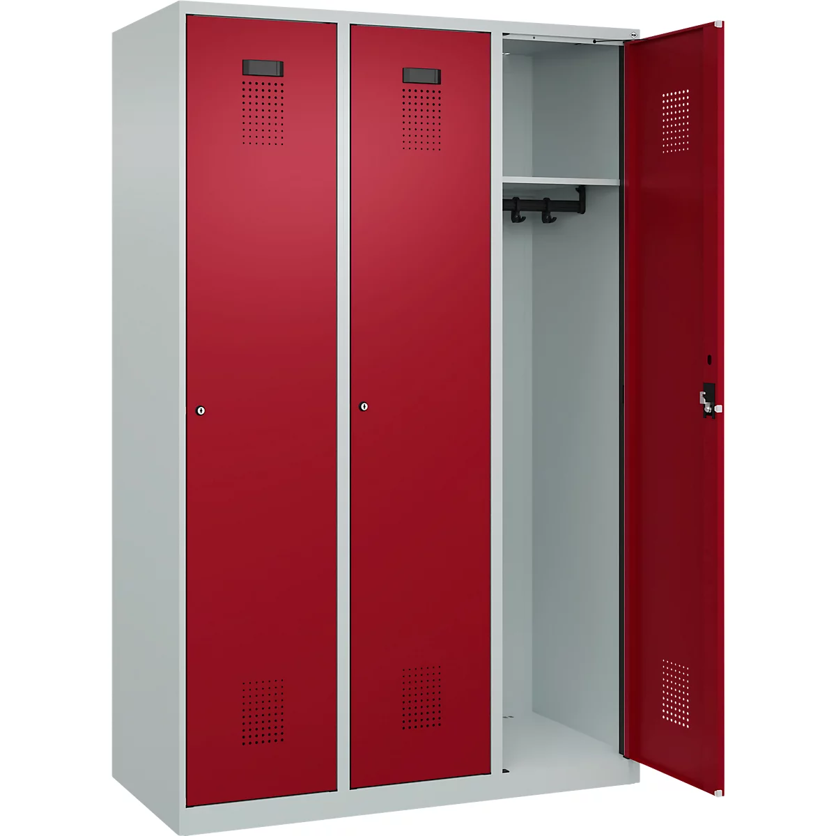 C+P Evolo Plus kledingkast, 3 vakken, 400 mm breed, cilinderslot, soft-close, B 1.200 x D 500 x H 1.850 m, lichtgrijs/ruy rood