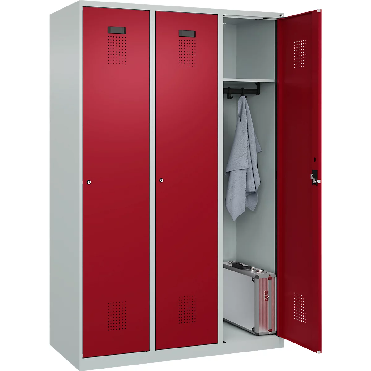 C+P Evolo Plus kledingkast, 3 vakken, 400 mm breed, cilinderslot, soft-close, B 1.200 x D 500 x H 1.850 m, lichtgrijs/ruy rood
