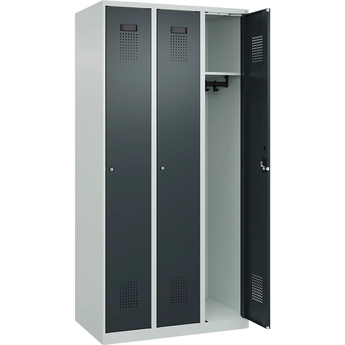 C+P Evolo Plus kledingkast, 3 vakken, rechts scharnierend, cilinderslot, B 900 x D 500 x H 1850 mm, lichtgrijs/antracietgrijs