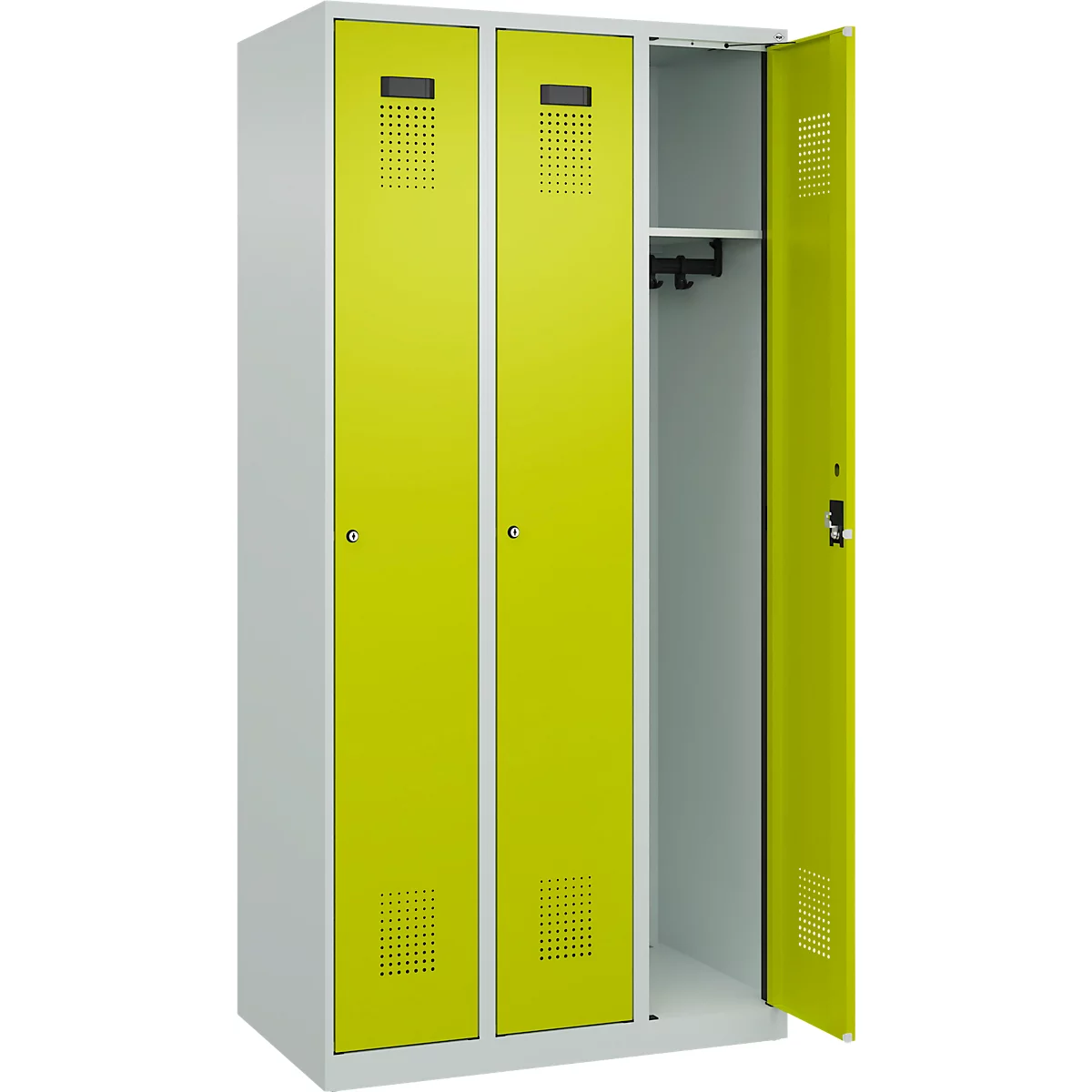 C+P Evolo Plus kledingkast, 3 vakken, rechts scharnierend, cilinderslot, B 900 x D 500 x H 1850 mm, lichtgrijs/kleedgroen
