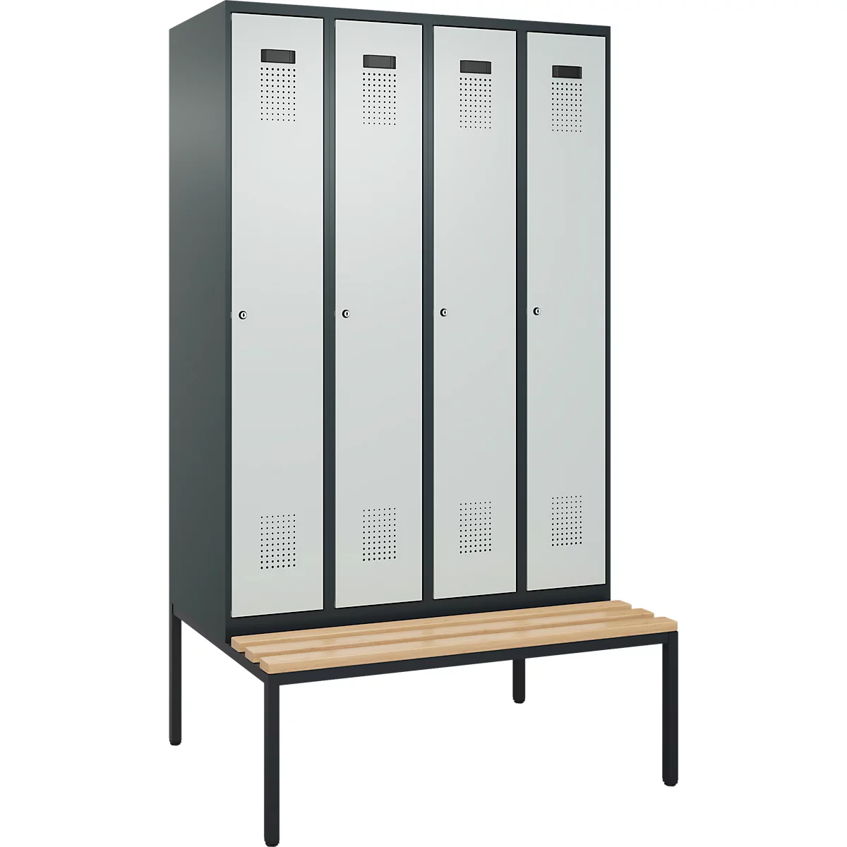 C+P Evolo Plus kledingkast, 4 vakken, 300 mm vakbreedte, met bank eronder, B 1200 x D 815 x H 2120 mm, cilinder, antracietgrijs/lichtgrijs
