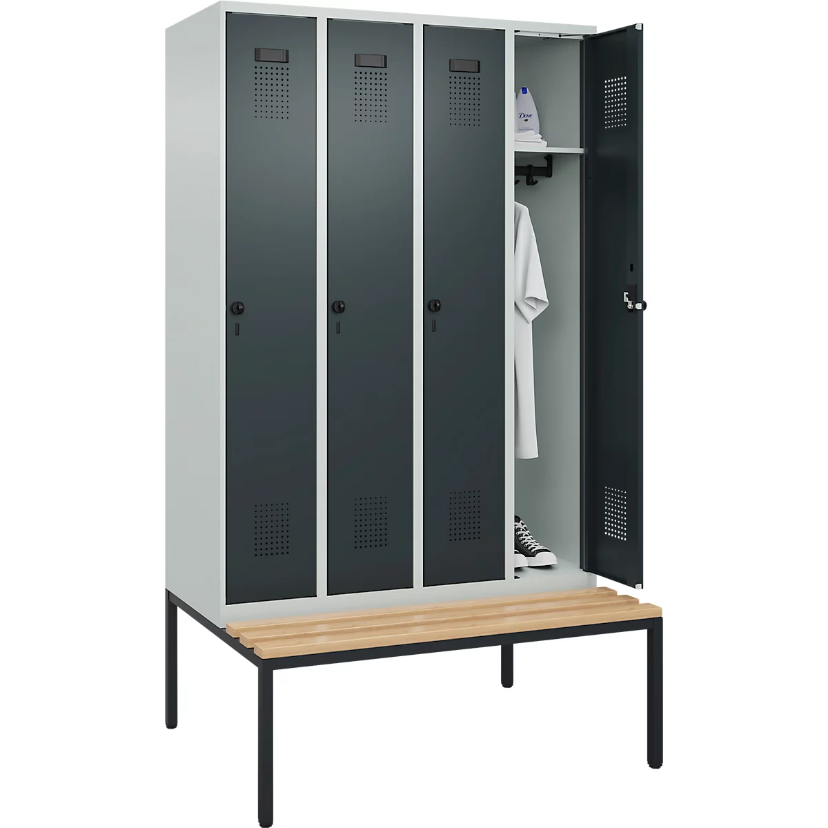 C+P Evolo Plus kledingkast, 4 vakken, 300 mm vakbreedte, met bank eronder, B 1200 x D 815 x H 2120 mm, draaischroef, lichtgrijs/antracietgrijs