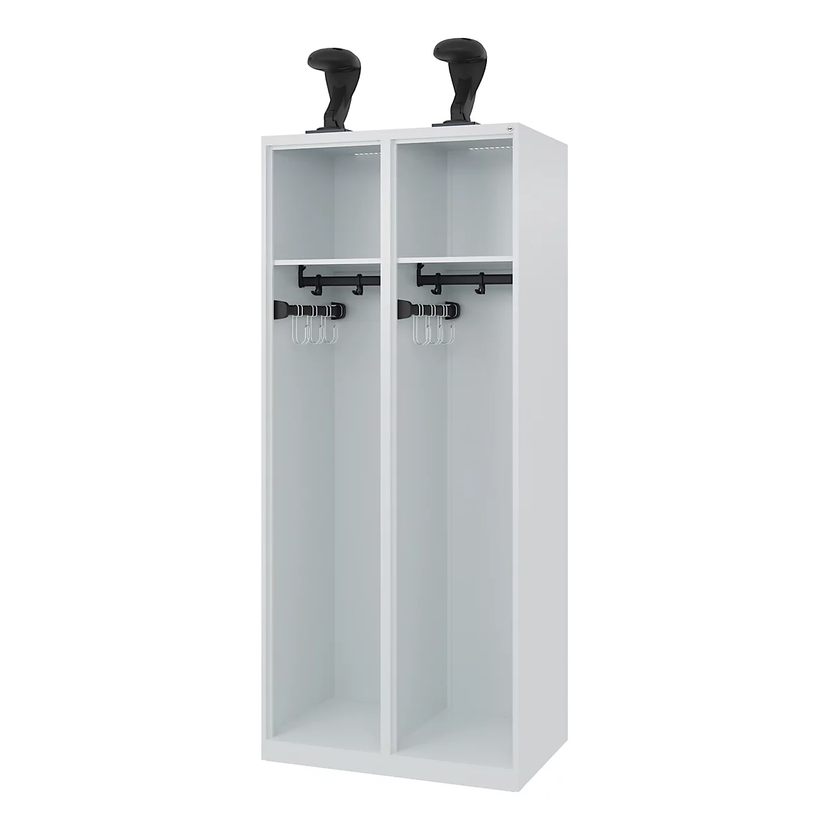 C+P Feuerwehrspind Evolo, Modell EXPERT, 2 Abteile, B 800 x T 500 x H 1850 mm, Bodengleiter, Helmhalter, lichtgrau RAL 7035