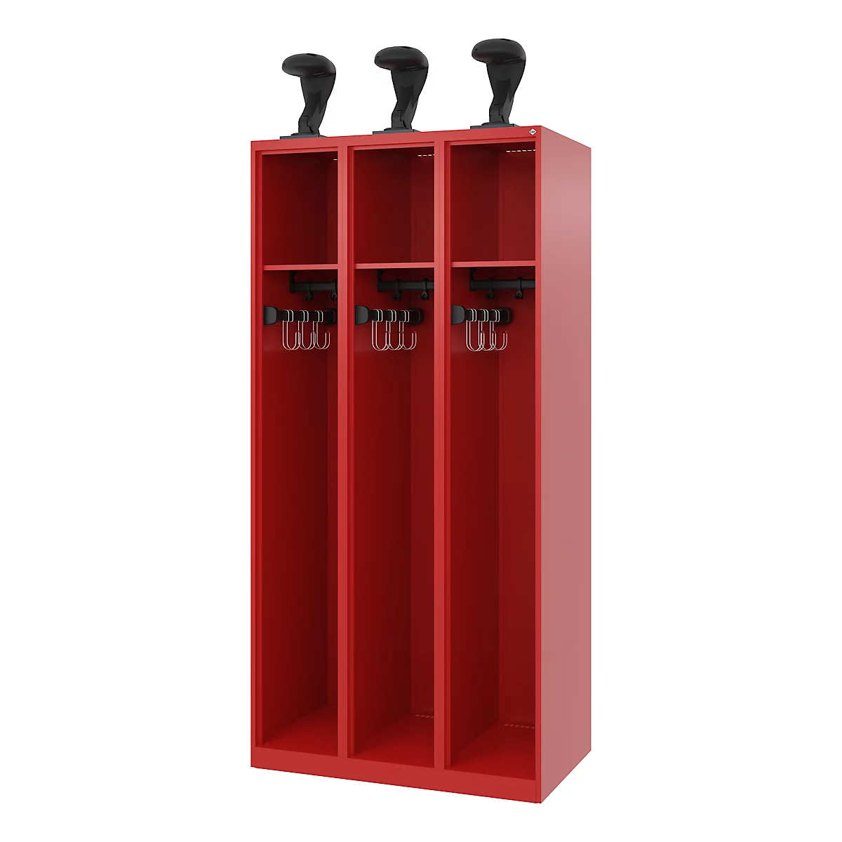 C+P Feuerwehrspind Evolo, Modell EXPERT, 3 Abteile, B 900 x T 500 x H 1850 mm, Bodengleiter, Helmhalter, feuerrot RAL 3000