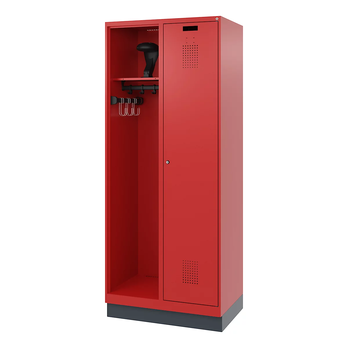 C+P Feuerwehrspind Evolo, Modell KOMBI, 2 Abteile, H 1950 x B 800 x T 500 mm, Sockel, feuerrot RAL 3000