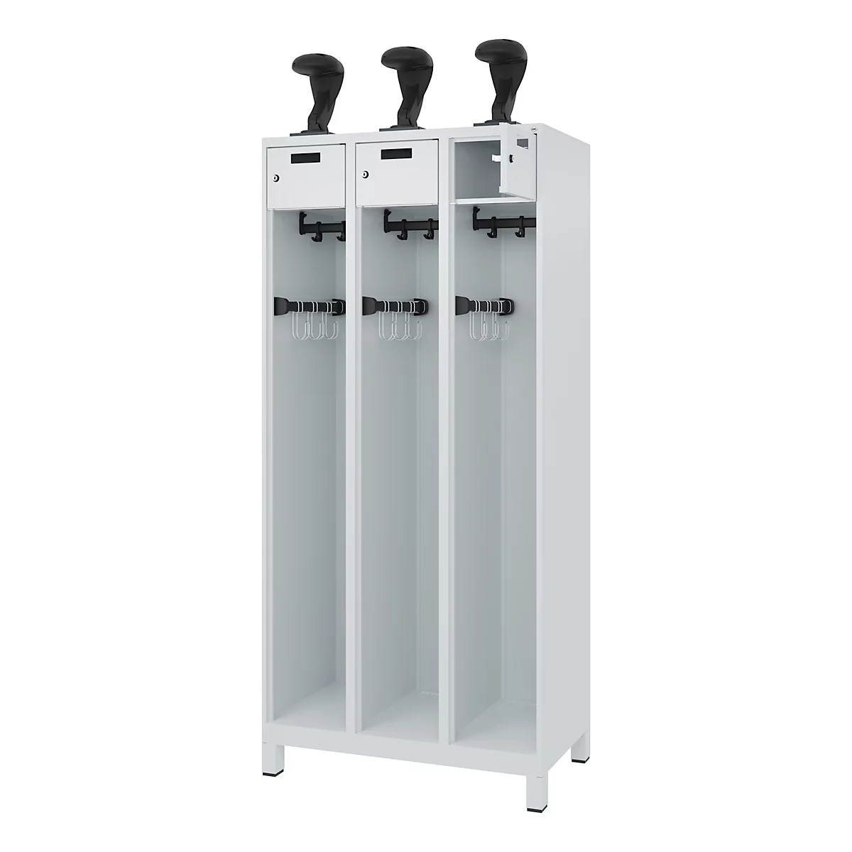 C+P Feuerwehrspind Evolo, Modell PRAKTUS, 3 Abteile, H 1950 x B 900 x T 500 mm, Füße, lichtgrau RAL 7035
