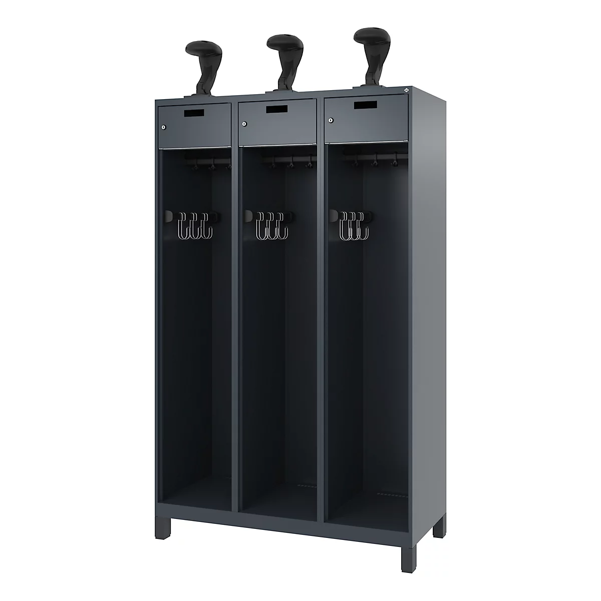 Dark gray cabinet with three compartments, golf club heads on top. Each compartment has hooks for clothes and a shelf.