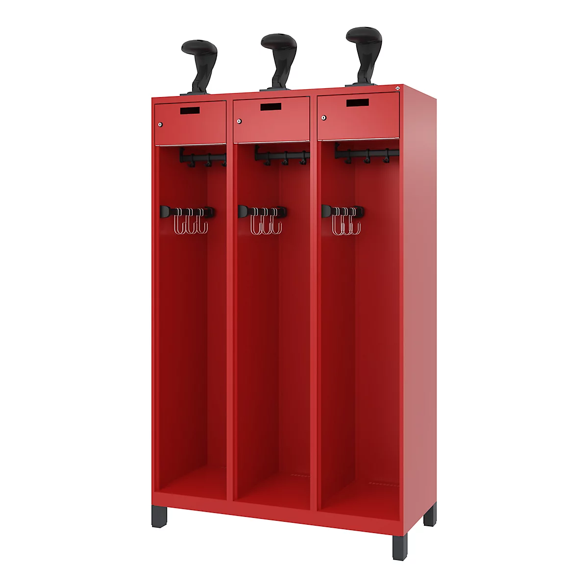 Red locker with three compartments. Each compartment has a drawer at the top and hooks inside. Three black tops on top of the locker.