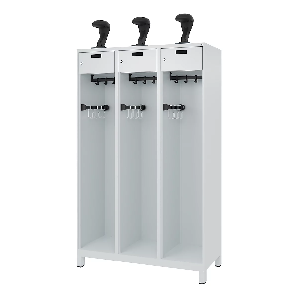 White locker with three compartments, black hooks, drawers, and three boots on top.