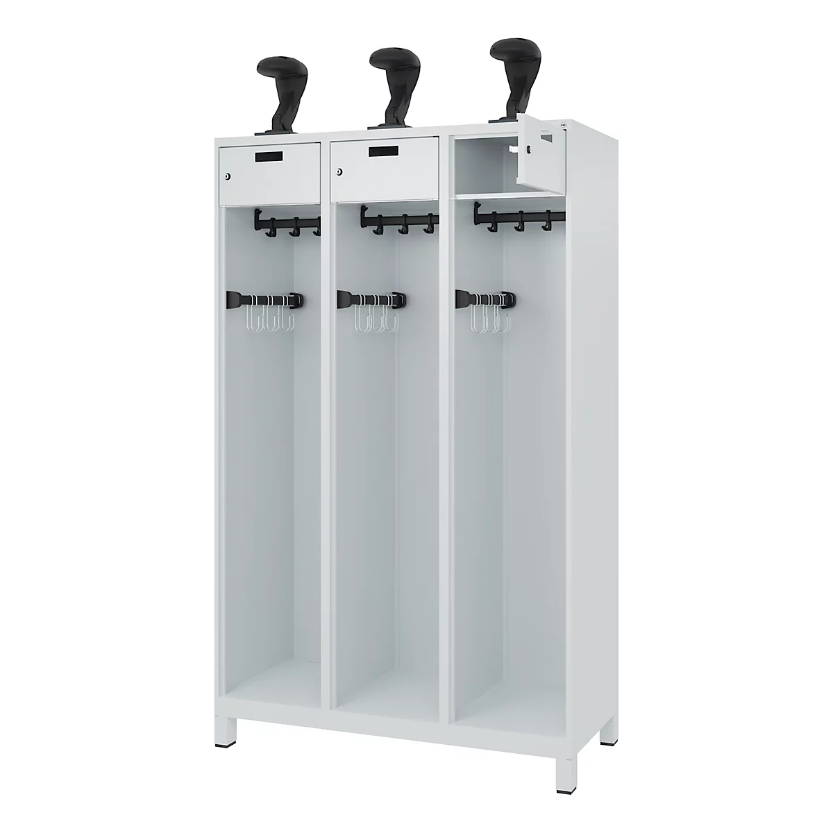 White locker with three compartments, three shoe holders on top, and hooks for hanging.