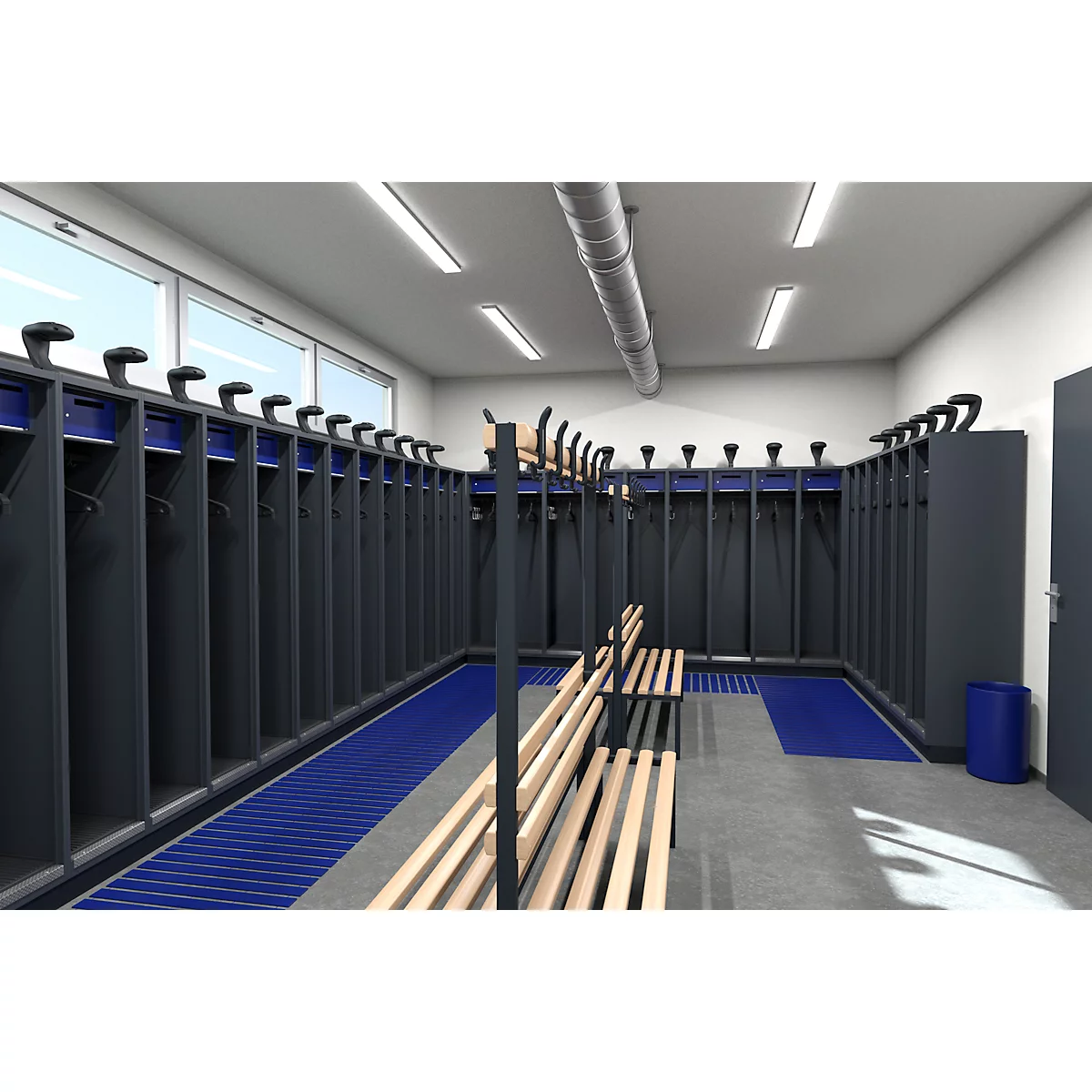 An empty locker room. Grey lockers with black hooks, blue accents, wooden benches.