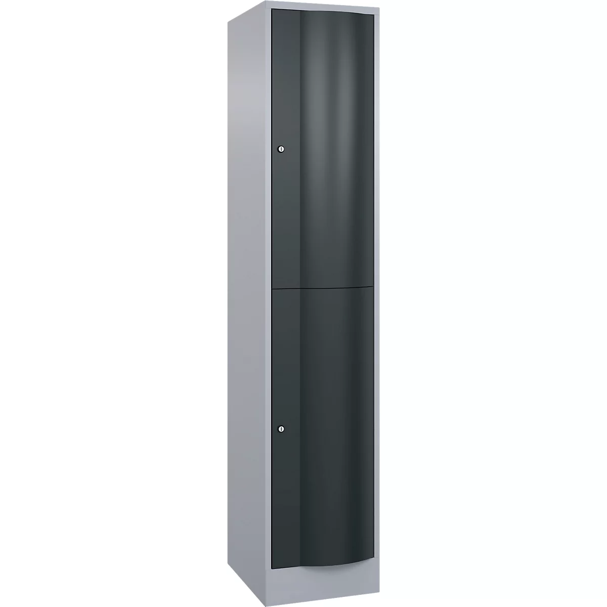 Een grijze kast met twee donkergrijze deuren. Er zit een kleine knop aan de boven- en onderkant.