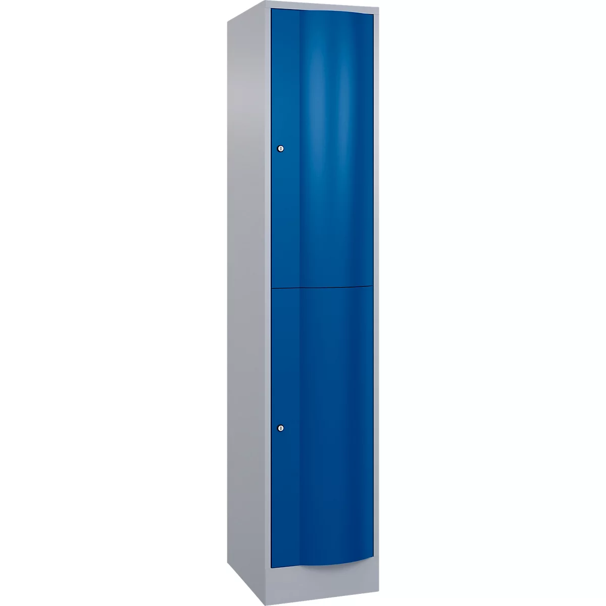 Een hoge, tweekleurige kast, blauw en grijs. Twee deuren met zilveren handgrepen.