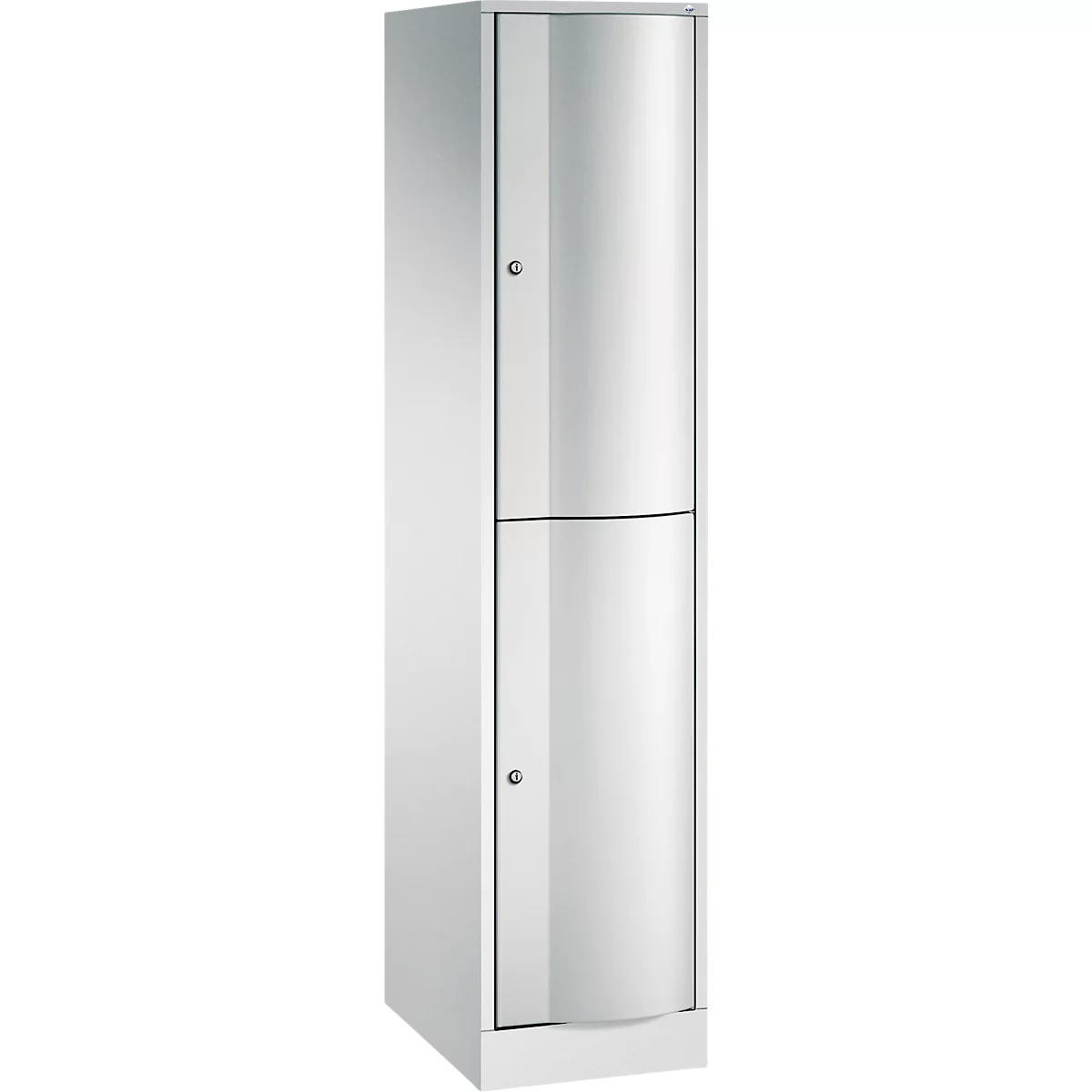 Een kast met een witte behuizing en twee rode deuren. Elke deur heeft een kleine zilveren handgreep.